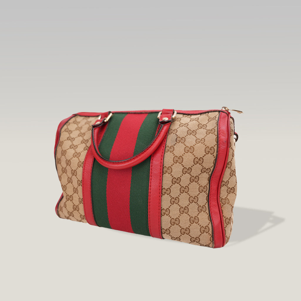 Gucci Ophidia Boston 32 GG Canvas Beige con Web Stripe Verde/Rosso e Finiture in Pelle Rossa