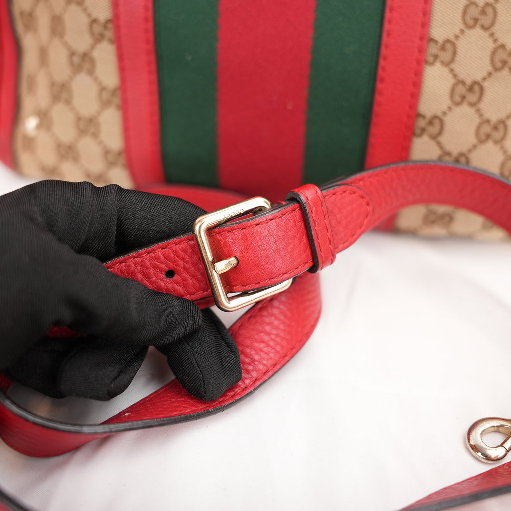 Gucci Ophidia Boston 32 GG Canvas Beige con Web Stripe Verde/Rosso e Finiture in Pelle Rossa