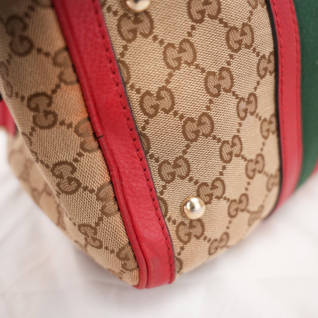 Gucci Ophidia Boston 32 GG Canvas Beige con Web Stripe Verde/Rosso e Finiture in Pelle Rossa