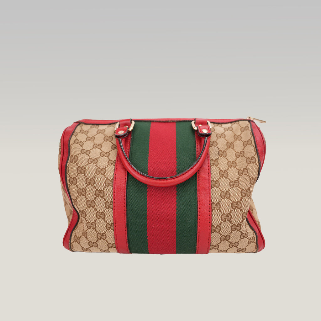 Gucci Ophidia Boston 32 GG Canvas Beige con Web Stripe Verde/Rosso e Finiture in Pelle Rossa