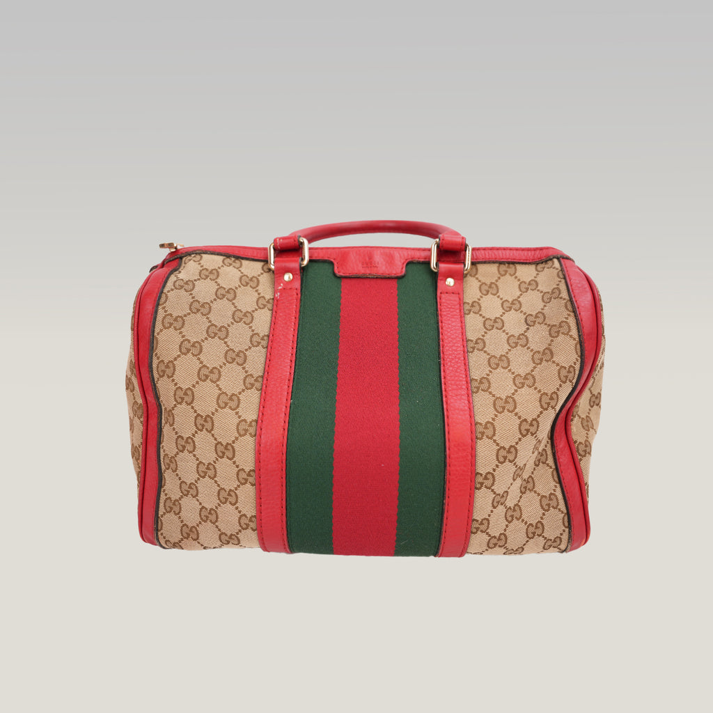Gucci Ophidia Boston 32 GG Canvas Beige con Web Stripe Verde/Rosso e Finiture in Pelle Rossa