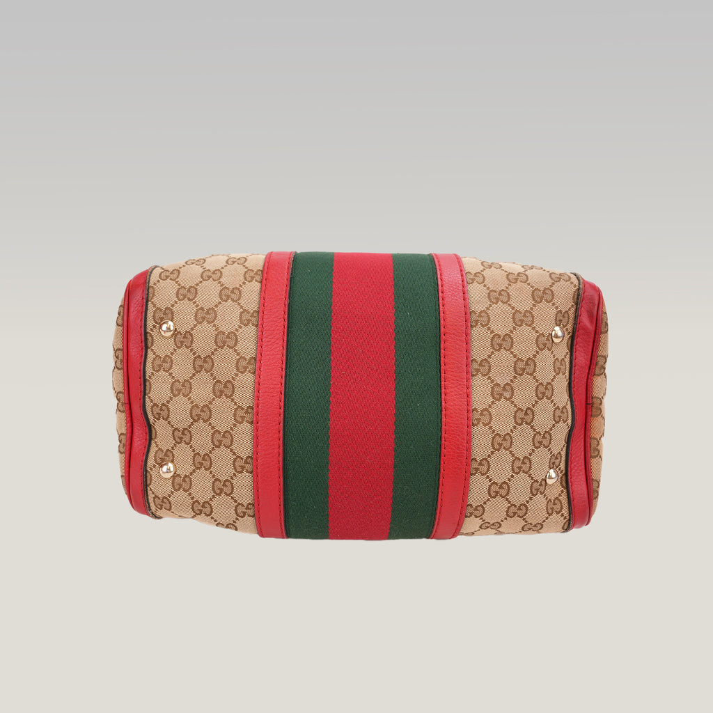 Gucci Ophidia Boston 32 GG Canvas Beige con Web Stripe Verde/Rosso e Finiture in Pelle Rossa