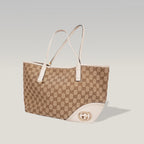 Gucci New Britt GG Canvas Tote Bag Beige Ebony Canvas & White Leather Medium