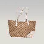 Gucci New Britt GG Canvas Tote Bag Beige Ebony Canvas & White Leather Medium