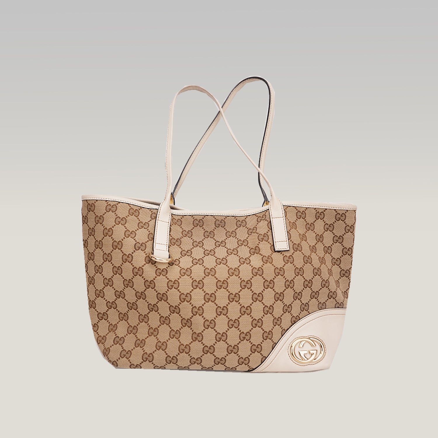 Gucci New Britt GG Canvas Tote Bag Beige Ebony Canvas & White Leather Medium