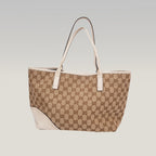 Gucci New Britt GG Canvas Tote Bag Beige Ebony Canvas & White Leather Medium