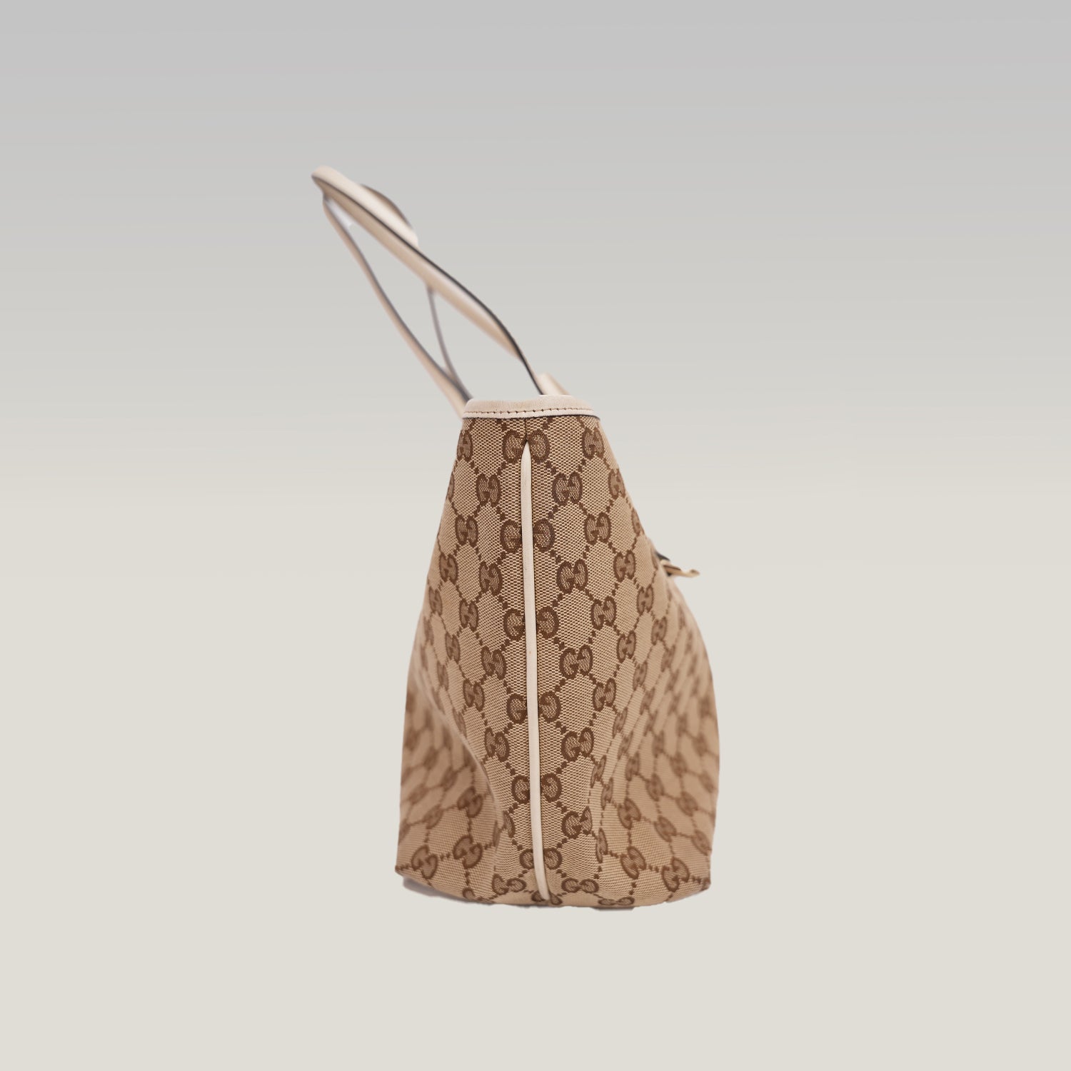 Gucci New Britt GG Canvas Tote Bag Beige Ebony Canvas & White Leather Medium