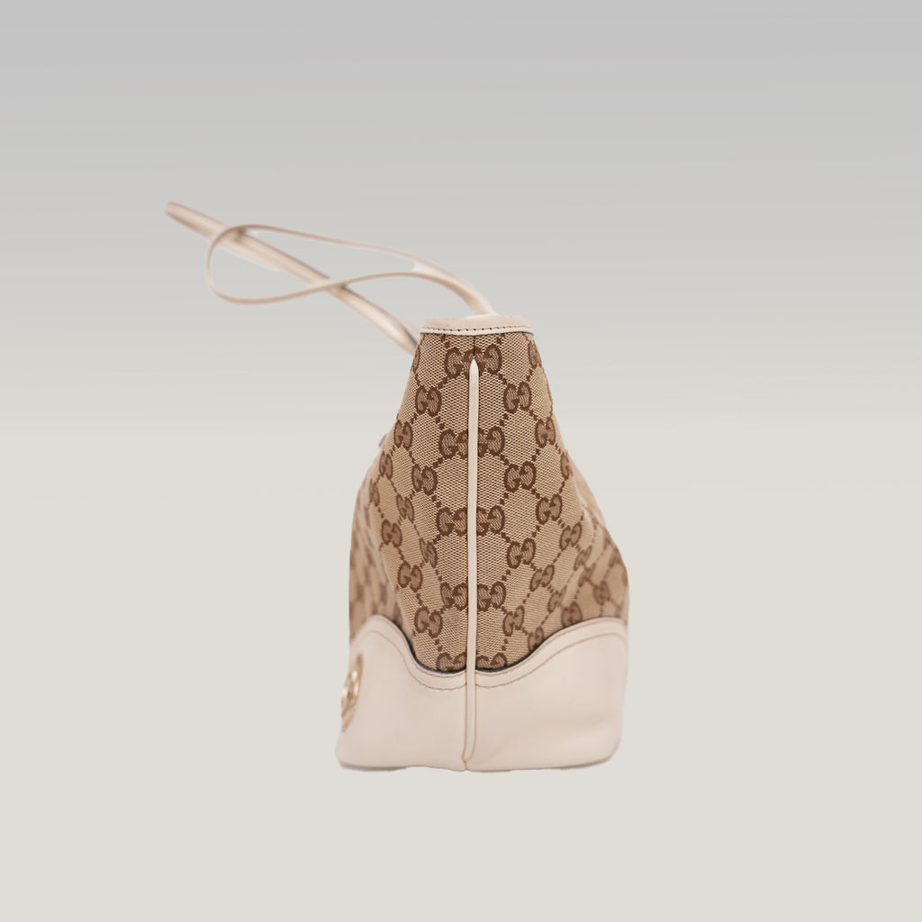 Gucci New Britt GG Canvas Tote Bag Beige Ebony Canvas & White Leather Medium