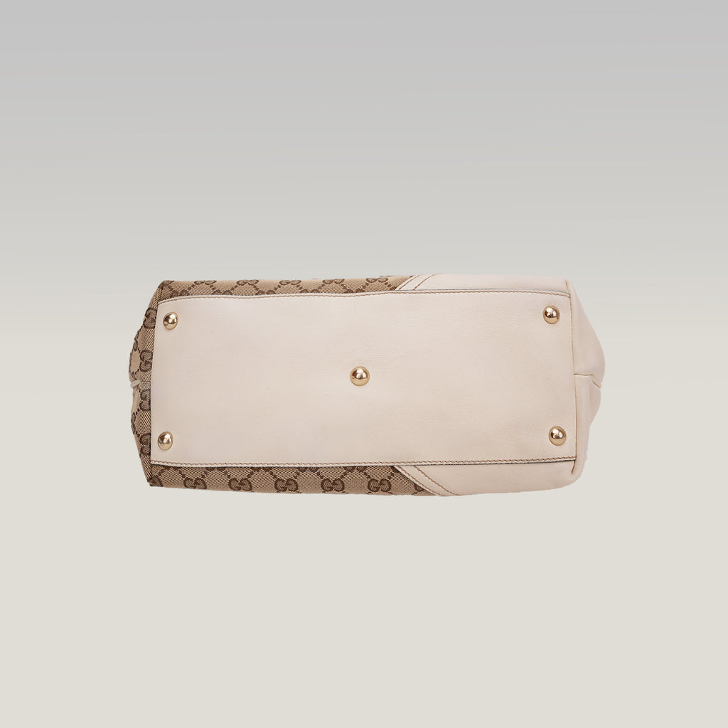Gucci New Britt GG Canvas Tote Bag Beige Ebony Canvas & White Leather Medium
