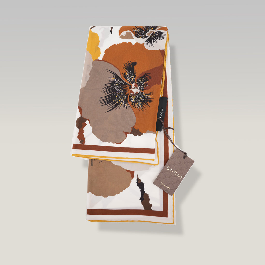 Gucci Foulard in Seta 60 Flora Floral Print Bianco Marrone e Giallo