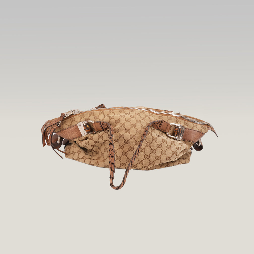 Gucci Bamboo Borsa a Spalla in Tela GG Monogram Beige e Marrone con Finiture in Pelle e Dettagli Bamboo