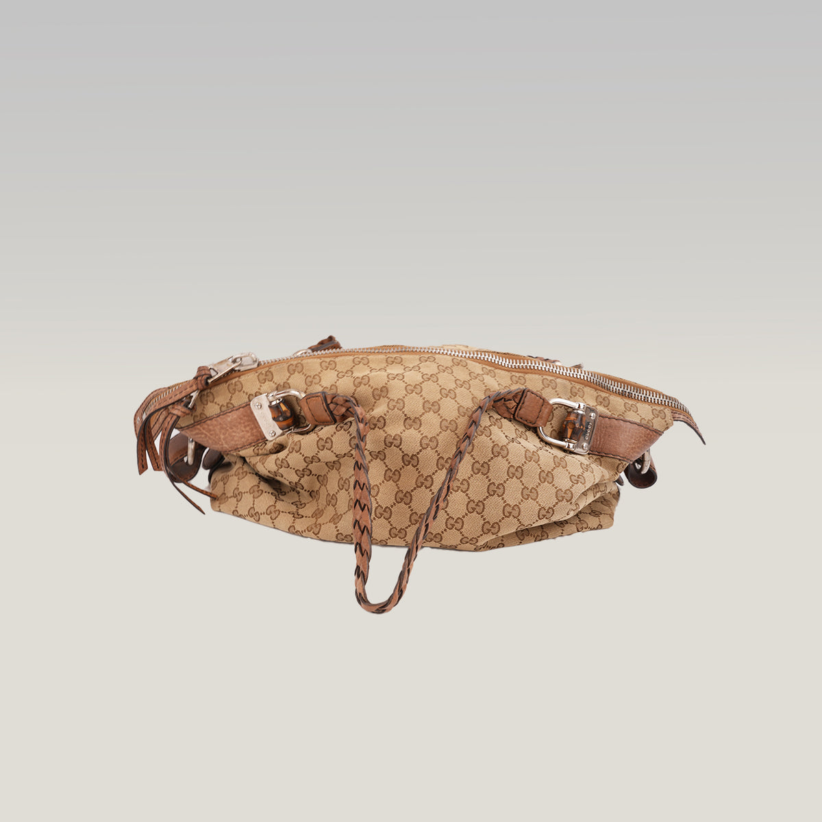 Gucci Bamboo Borsa a Spalla in Tela GG Monogram Beige e Marrone con Finiture in Pelle e Dettagli Bamboo