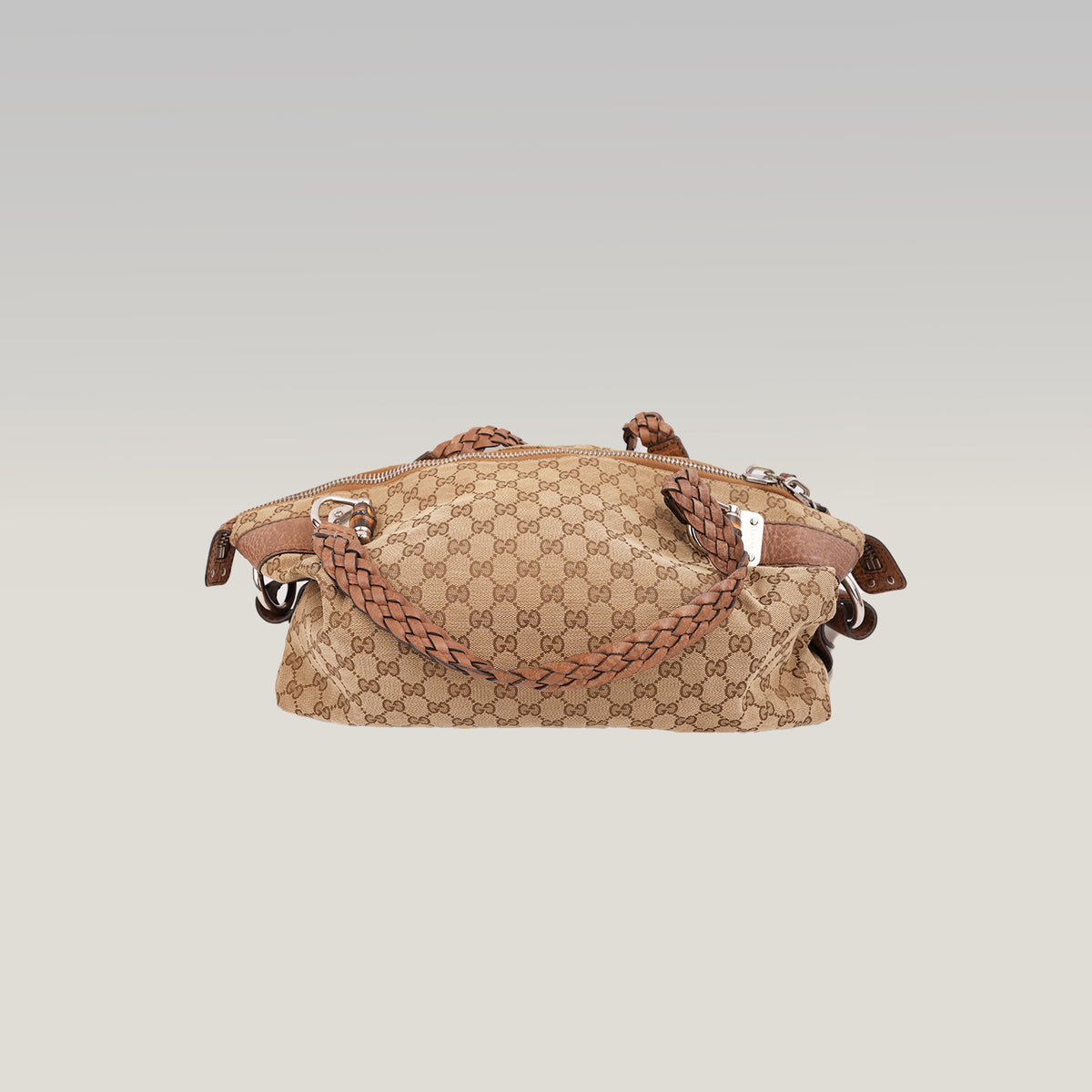 Gucci Bamboo Borsa a Spalla in Tela GG Monogram Beige e Marrone con Finiture in Pelle e Dettagli Bamboo
