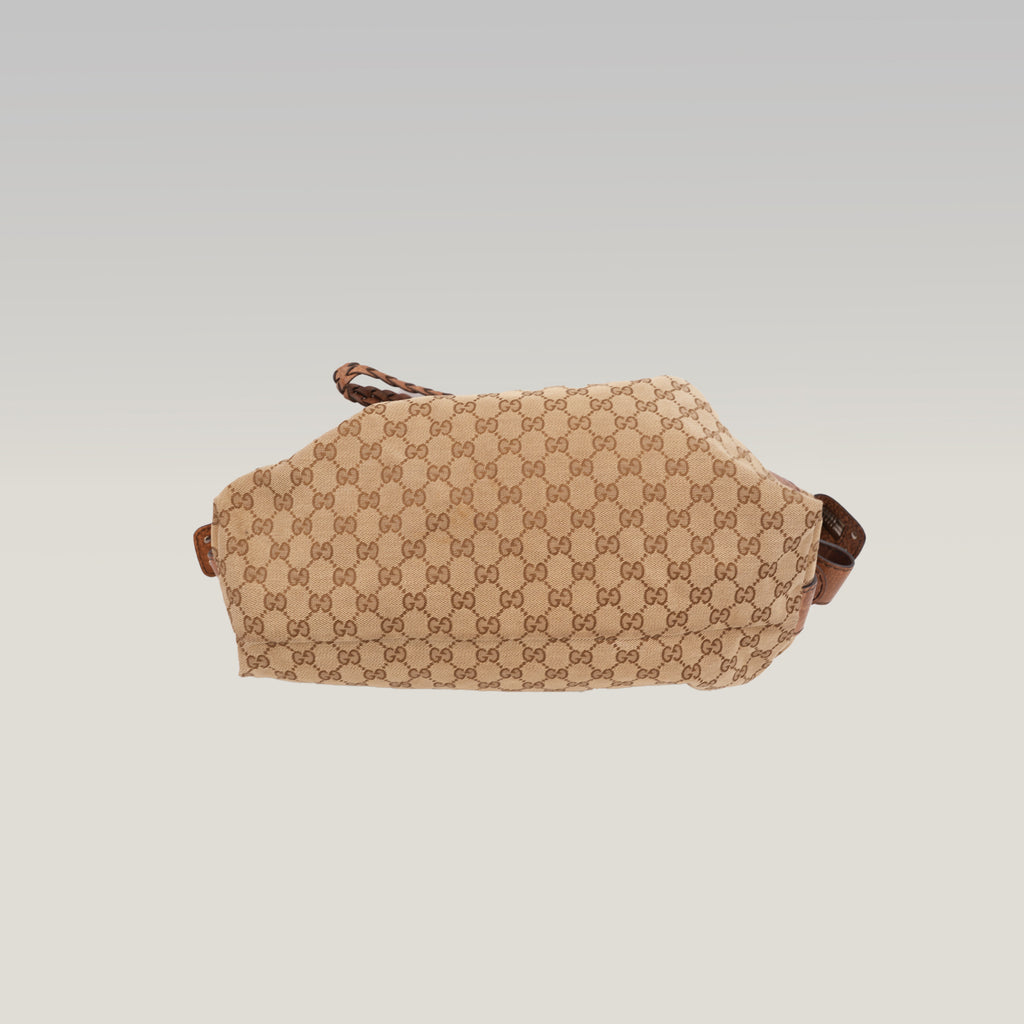 Gucci Bamboo Borsa a Spalla in Tela GG Monogram Beige e Marrone con Finiture in Pelle e Dettagli Bamboo