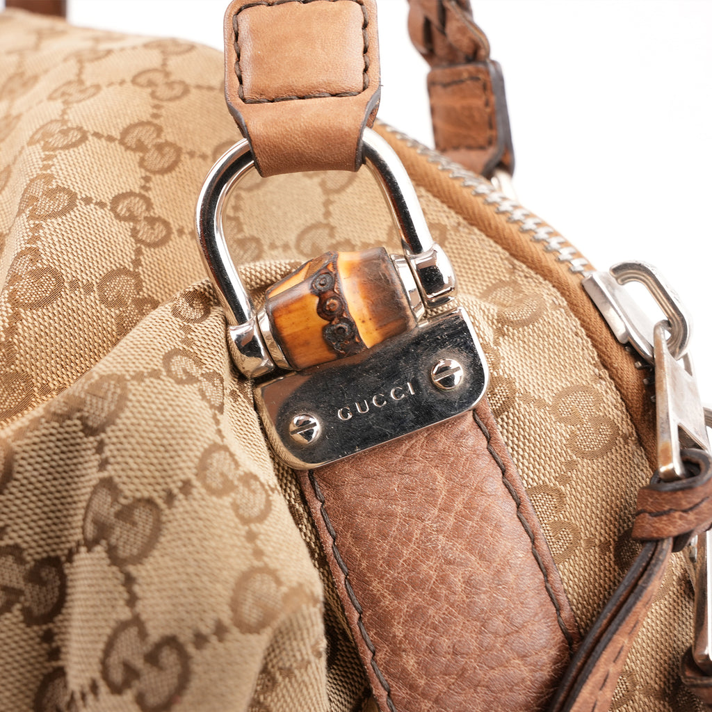 Gucci Bamboo Borsa a Spalla in Tela GG Monogram Beige e Marrone con Finiture in Pelle e Dettagli Bamboo