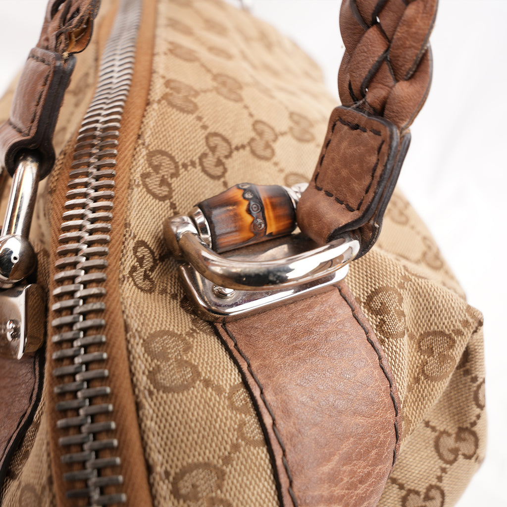 Gucci Bamboo Borsa a Spalla in Tela GG Monogram Beige e Marrone con Finiture in Pelle e Dettagli Bamboo