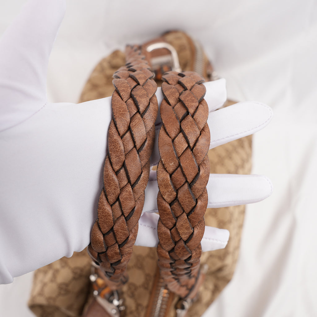 Gucci Bamboo Borsa a Spalla in Tela GG Monogram Beige e Marrone con Finiture in Pelle e Dettagli Bamboo