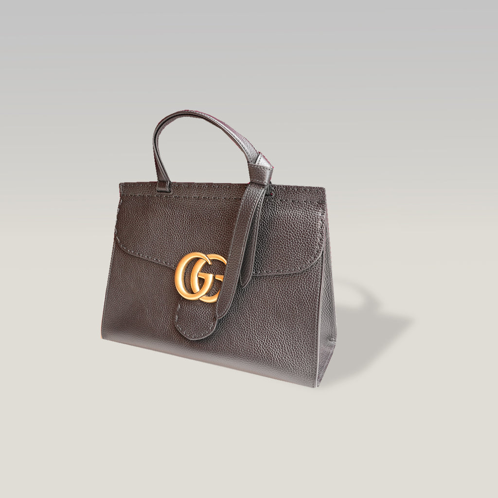 Gucci GG Marmont Borsa a Mano in Pelle Martellata Nera con Logo Double G Dorato e Manico Superiore