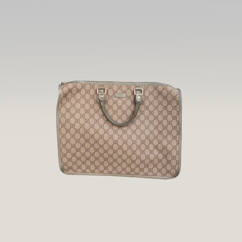 Gucci Joy Briefcase Borsa Portadocumenti in Tela GG Supreme Beige e Marrone con Finiture in Pelle Grigia