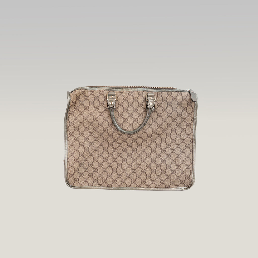 Gucci Joy Briefcase Borsa Portadocumenti in Tela GG Supreme Beige e Marrone con Finiture in Pelle Grigia