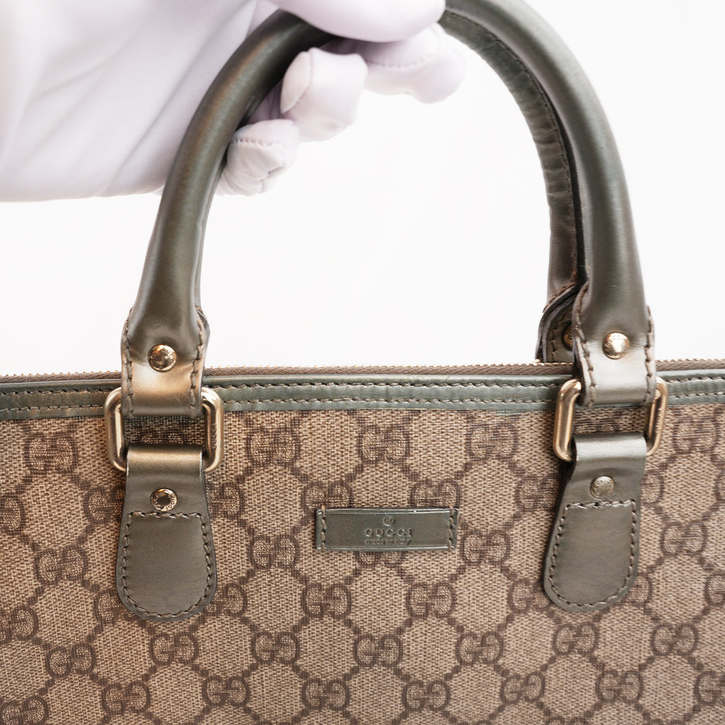 Gucci Joy Briefcase Borsa Portadocumenti in Tela GG Supreme Beige e Marrone con Finiture in Pelle Grigia