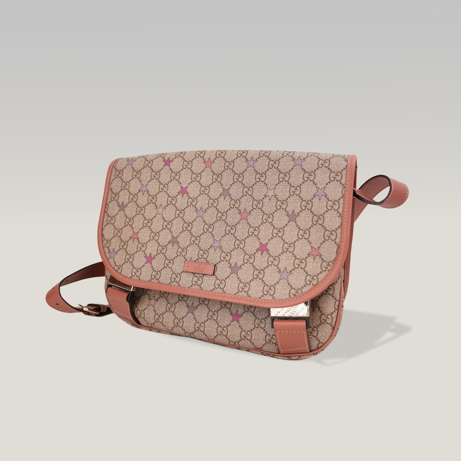 Gucci GG Supreme Monogram Stars Messenger Bag Beige Pink con Doppia Fibbia
