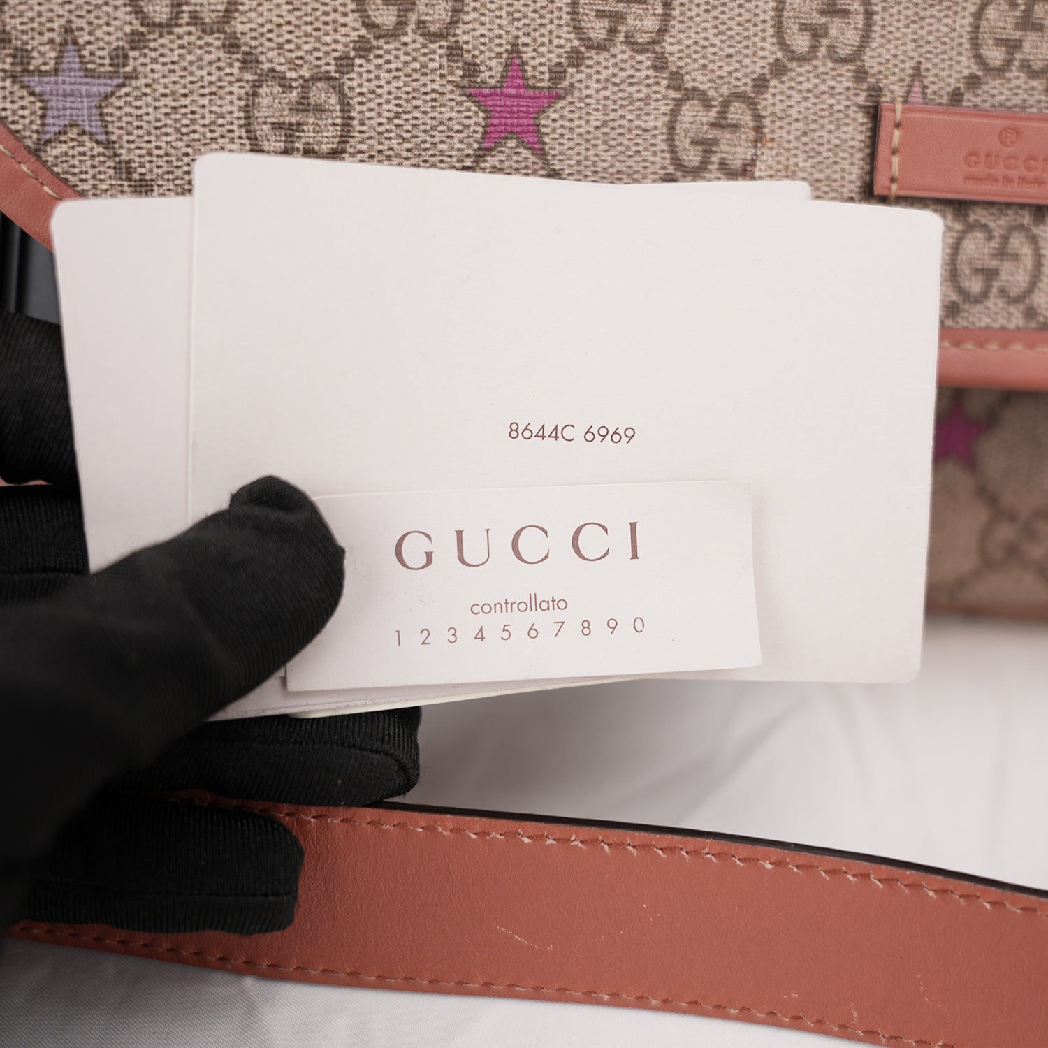 Gucci GG Supreme Monogram Stars Messenger Bag Beige Pink con Doppia Fibbia