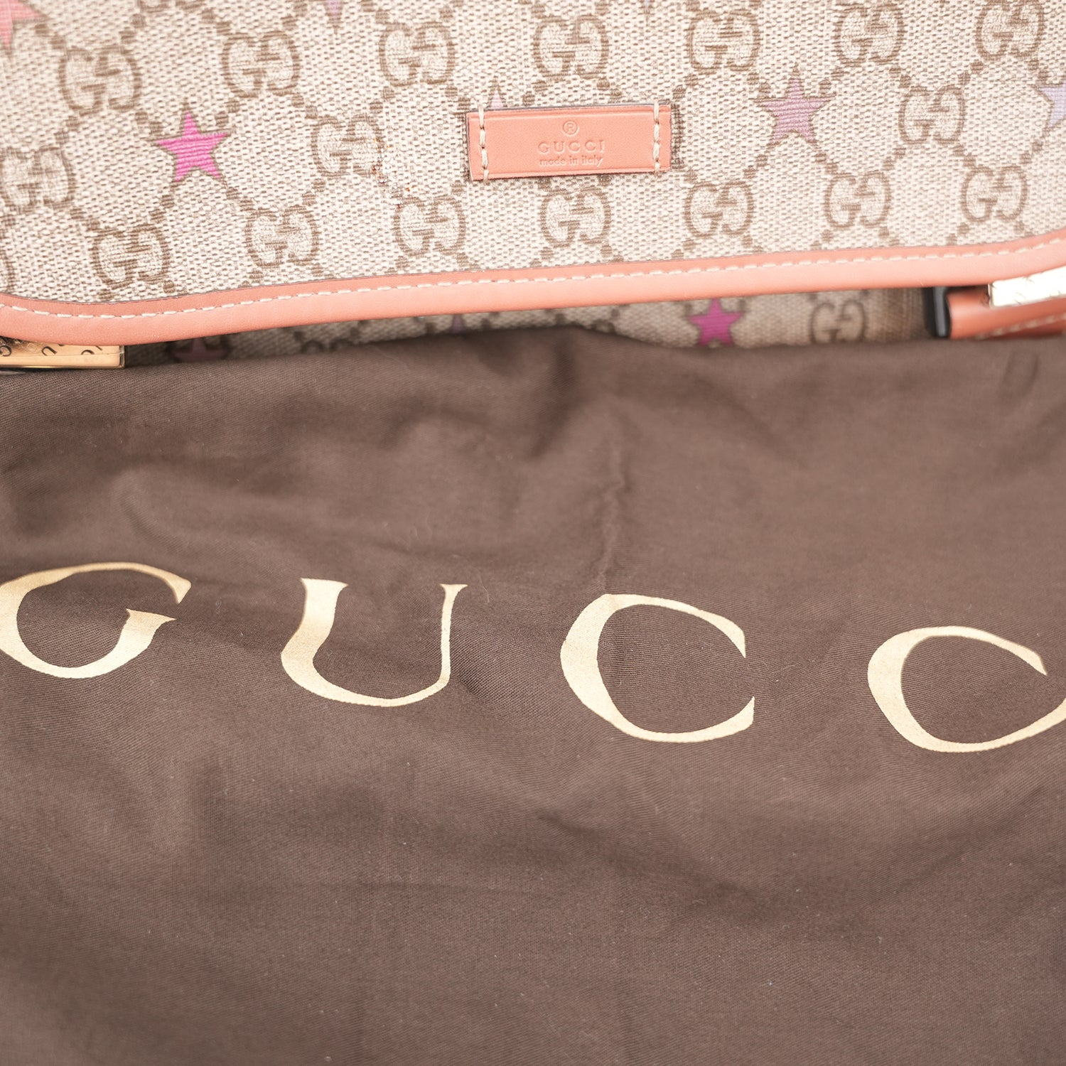 Gucci GG Supreme Monogram Stars Messenger Bag Beige Pink con Doppia Fibbia