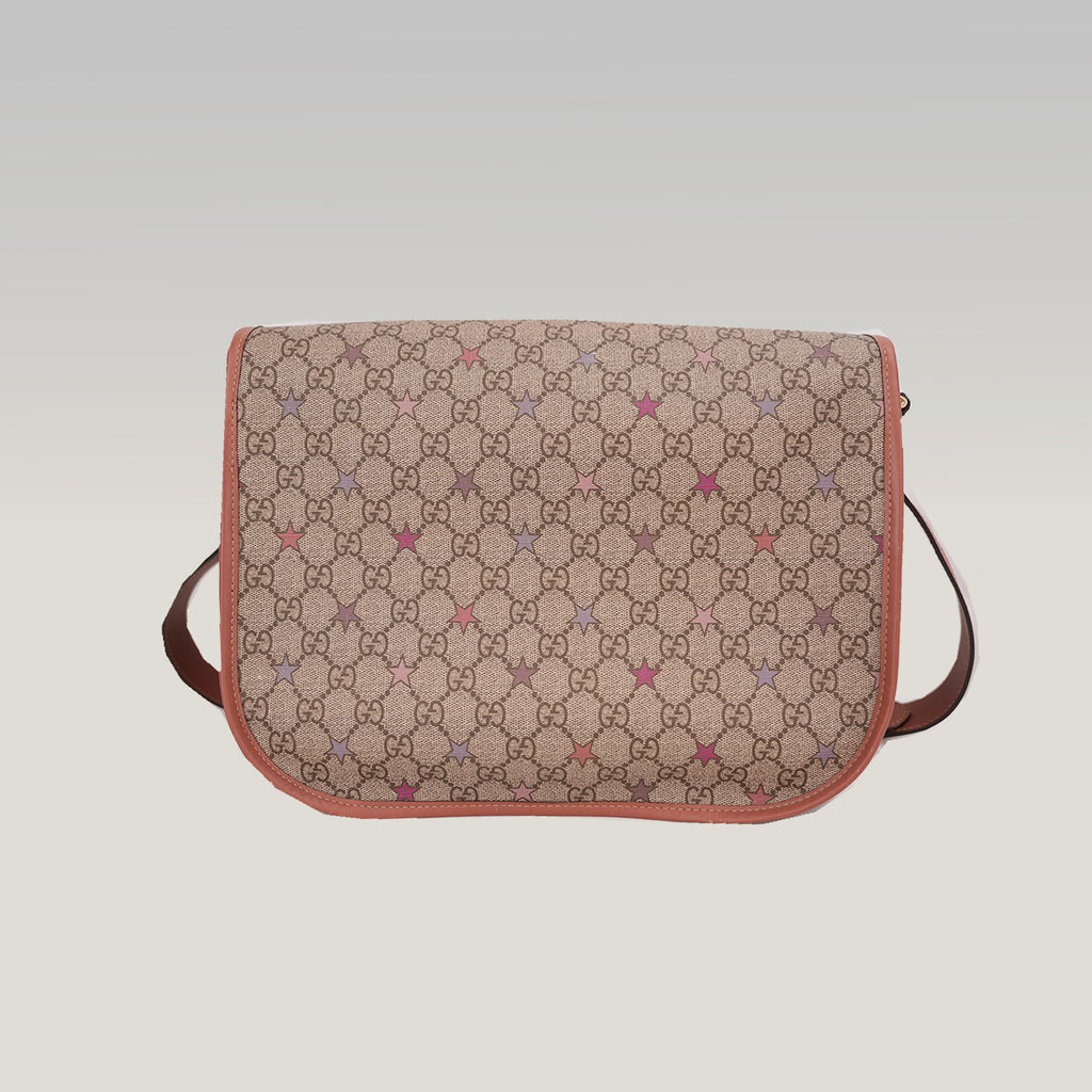 Gucci GG Supreme Monogram Stars Messenger Bag Beige Pink con Doppia Fibbia