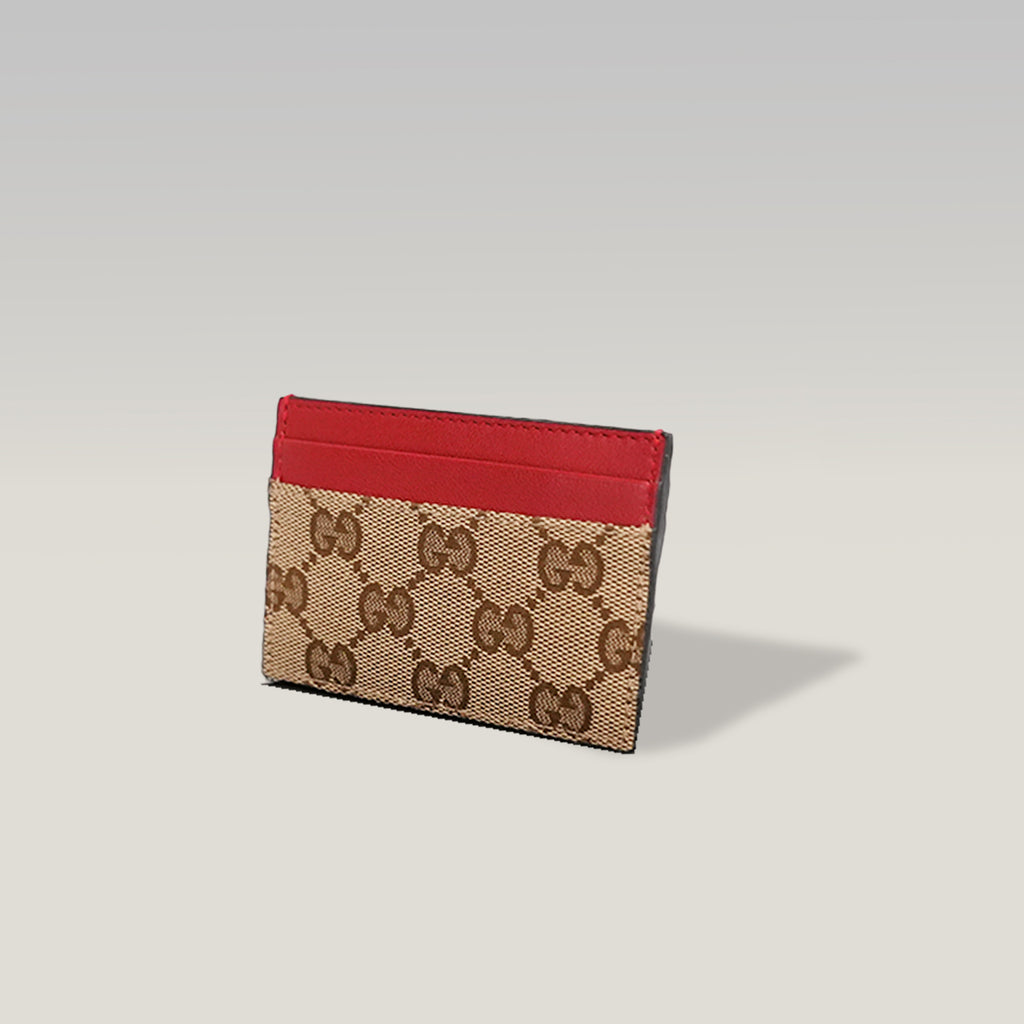 GUCCI Portacarte GG Beige e Marrone con Pelle Rossa – Condizioni Eccellenti con Scatola