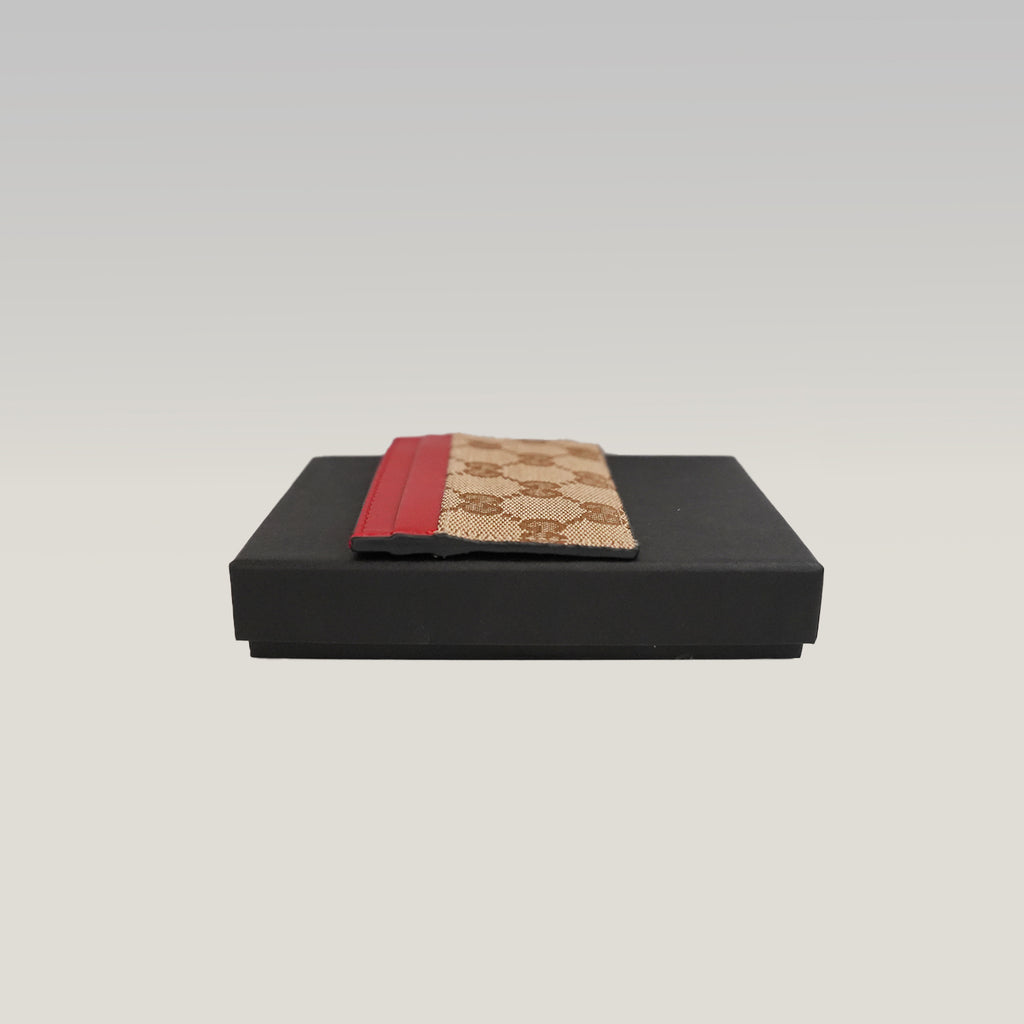 GUCCI Portacarte GG Beige e Marrone con Pelle Rossa – Condizioni Eccellenti con Scatola