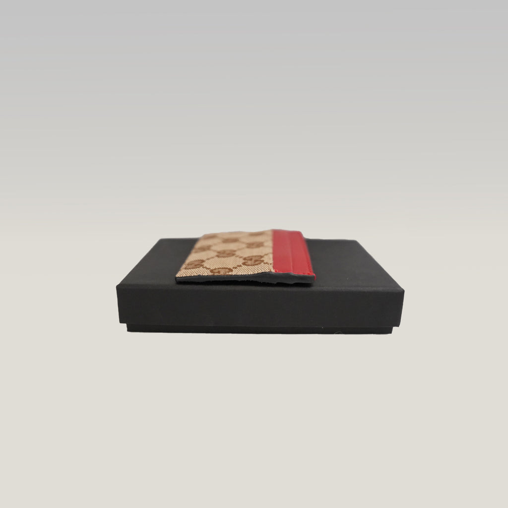 GUCCI Portacarte GG Beige e Marrone con Pelle Rossa – Condizioni Eccellenti con Scatola