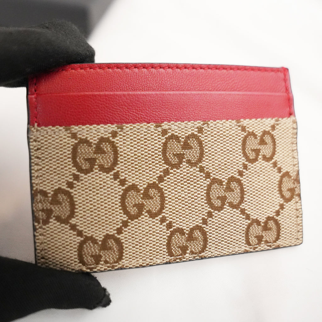 GUCCI Portacarte GG Beige e Marrone con Pelle Rossa – Condizioni Eccellenti con Scatola