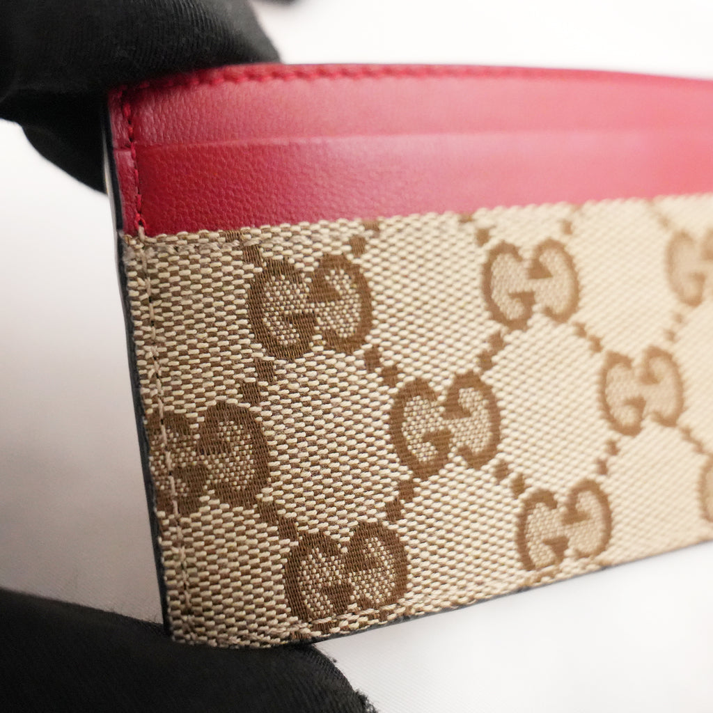 GUCCI Portacarte GG Beige e Marrone con Pelle Rossa – Condizioni Eccellenti con Scatola