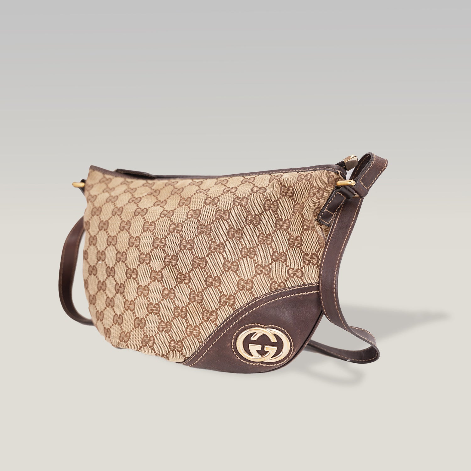 Gucci Borsa a Spalla Donna GG Canvas Beige e Pelle Marrone con Logo Interlocking G | Shoulder Bag Vintage
