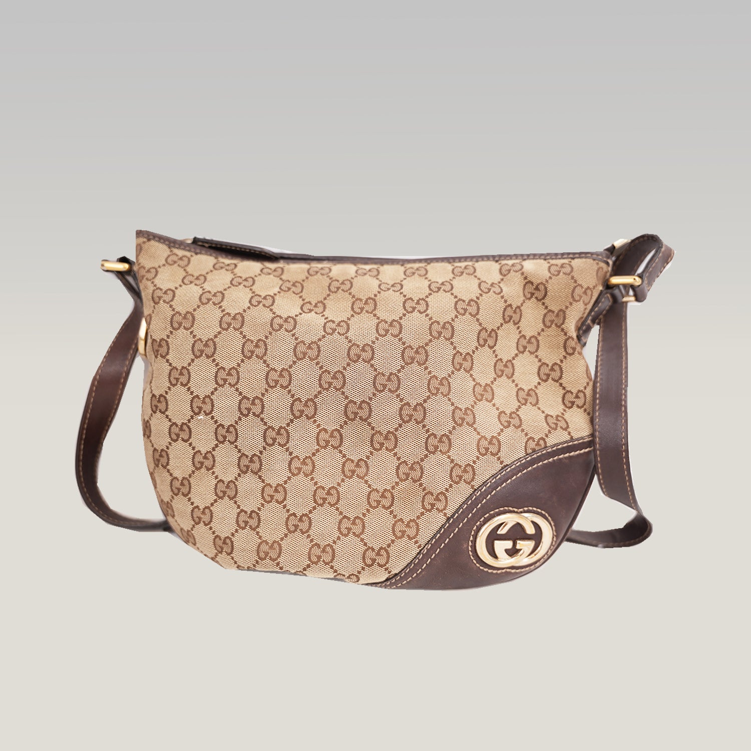 Gucci Borsa a Spalla Donna GG Canvas Beige e Pelle Marrone con Logo Interlocking G | Shoulder Bag Vintage