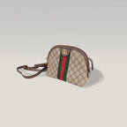 Gucci Ophidia Small Borsa a Tracolla in Tela GG Supreme Beige ed Ebano con Banda Web Verde e Rossa e Finiture in Pelle Marrone