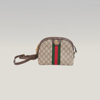 Gucci Ophidia Small Borsa a Tracolla in Tela GG Supreme Beige ed Ebano con Banda Web Verde e Rossa e Finiture in Pelle Marrone
