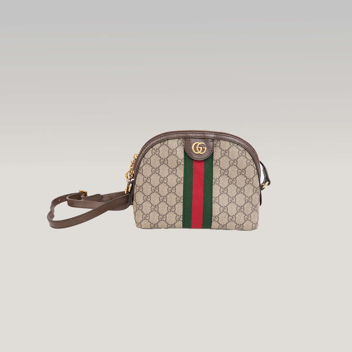 Gucci Ophidia Small Borsa a Tracolla in Tela GG Supreme Beige ed Ebano con Banda Web Verde e Rossa e Finiture in Pelle Marrone