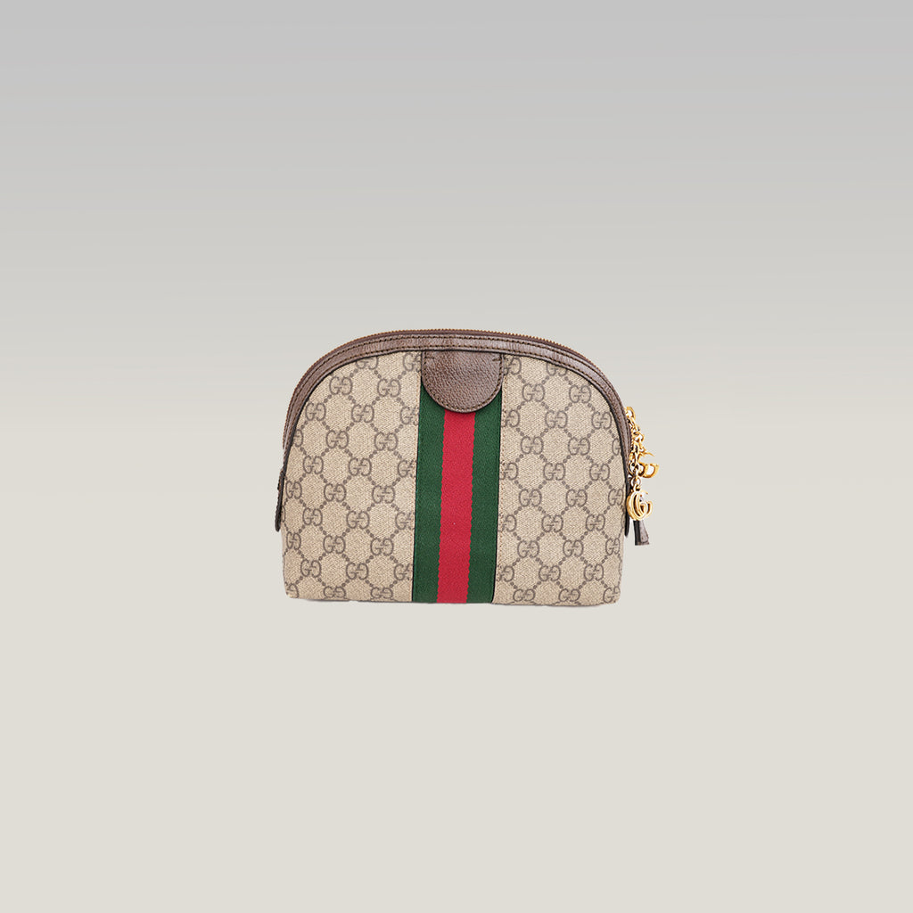 Gucci Ophidia Small Borsa a Tracolla in Tela GG Supreme Beige ed Ebano con Banda Web Verde e Rossa e Finiture in Pelle Marrone