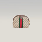Gucci Ophidia Small Borsa a Tracolla in Tela GG Supreme Beige ed Ebano con Banda Web Verde e Rossa e Finiture in Pelle Marrone