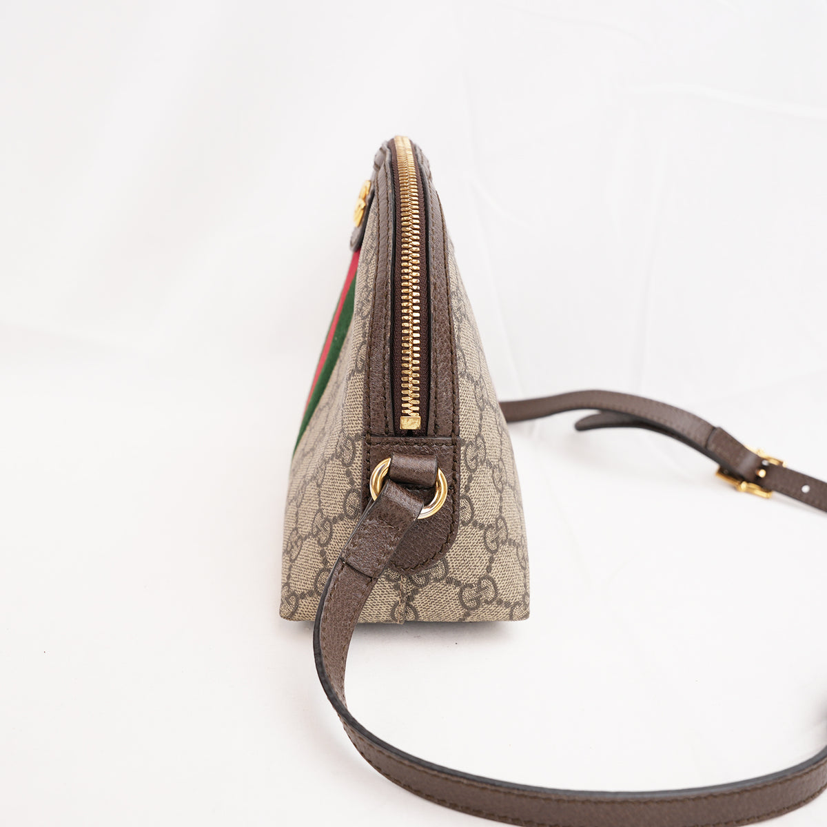 Gucci Ophidia Small Borsa a Tracolla in Tela GG Supreme Beige ed Ebano con Banda Web Verde e Rossa e Finiture in Pelle Marrone