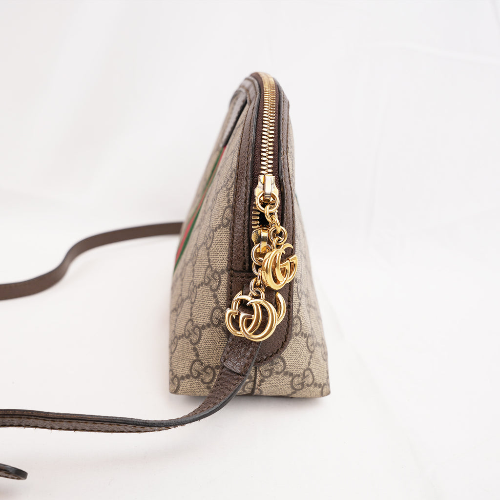 Gucci Ophidia Small Borsa a Tracolla in Tela GG Supreme Beige ed Ebano con Banda Web Verde e Rossa e Finiture in Pelle Marrone