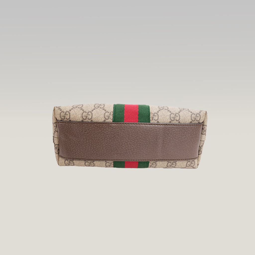 Gucci Ophidia Small Borsa a Tracolla in Tela GG Supreme Beige ed Ebano con Banda Web Verde e Rossa e Finiture in Pelle Marrone