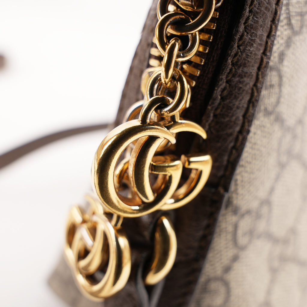 Gucci Ophidia Small Borsa a Tracolla in Tela GG Supreme Beige ed Ebano con Banda Web Verde e Rossa e Finiture in Pelle Marrone