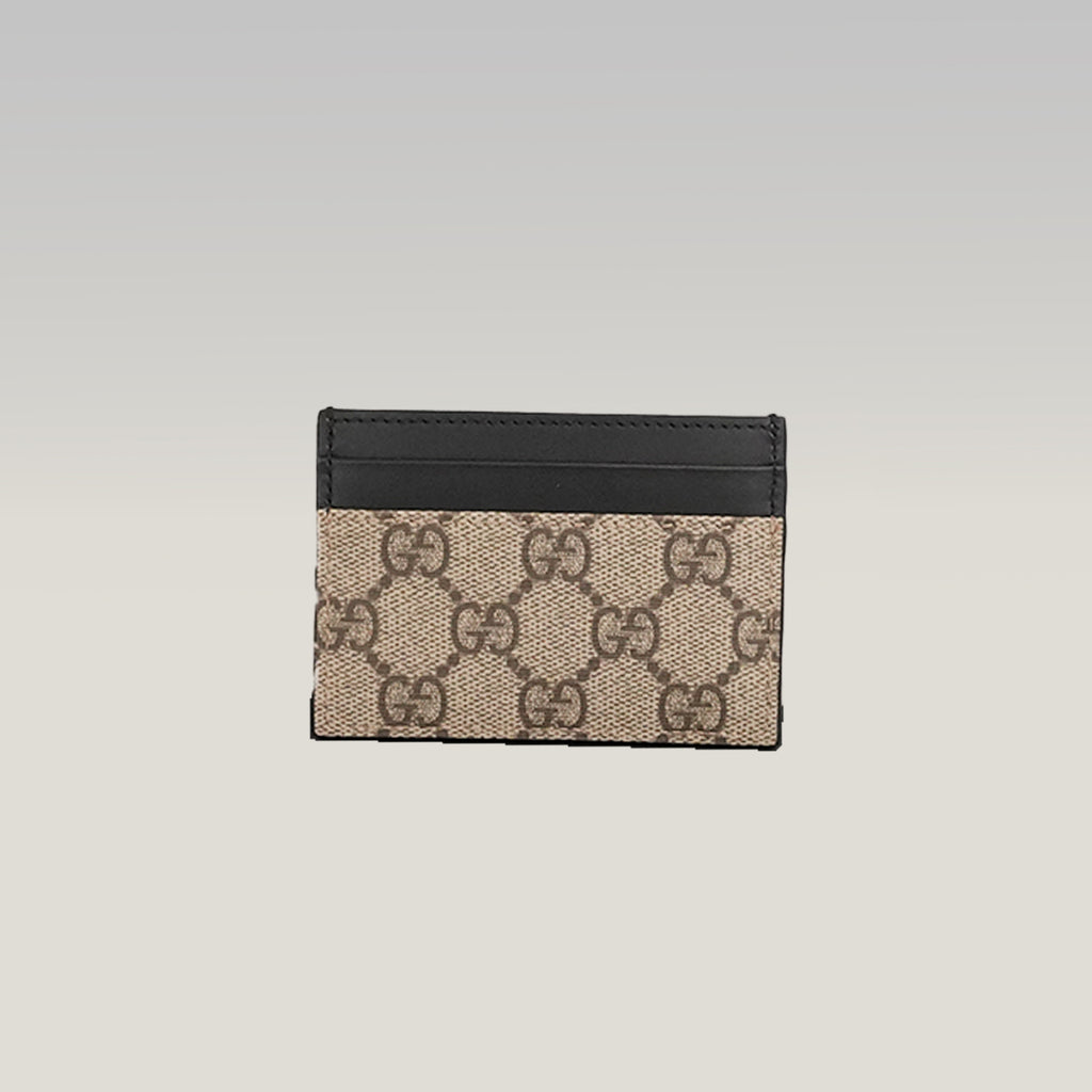 GUCCI Portacarte GG Supreme Beige e Marrone con Pelle Nera – Condizioni Eccellenti con Scatola