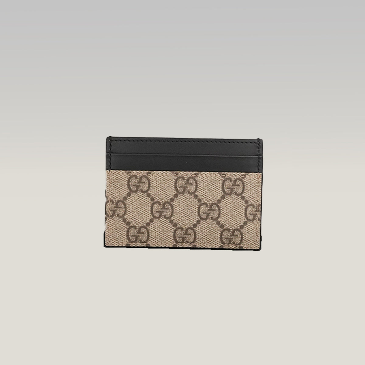 GUCCI Portacarte GG Supreme Beige e Marrone con Pelle Nera – Condizioni Eccellenti con Scatola