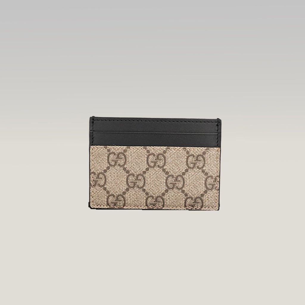 GUCCI Portacarte GG Supreme Beige e Marrone con Pelle Nera – Condizioni Eccellenti con Scatola