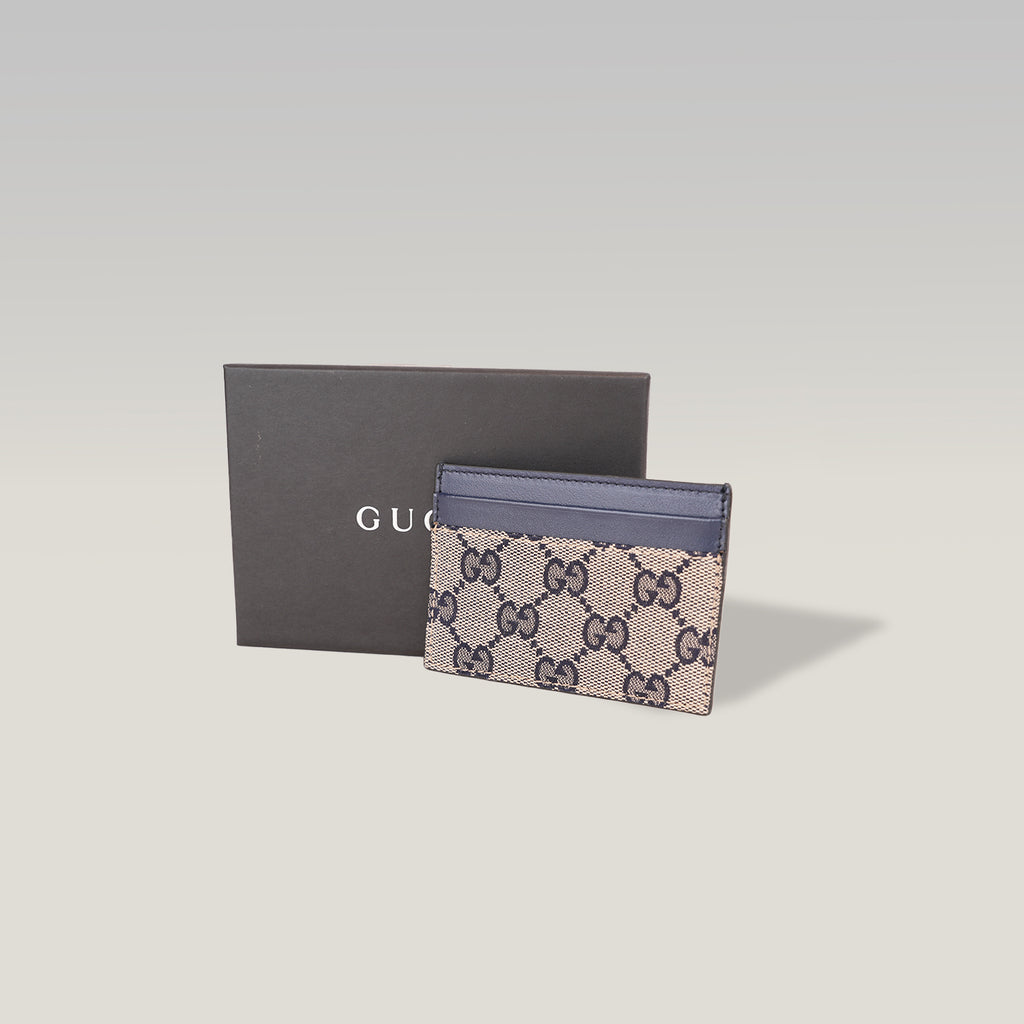 Gucci Portacarte GG Monogram in Tessuto Beige e Blu Navy con Finiture in Pelle Blu