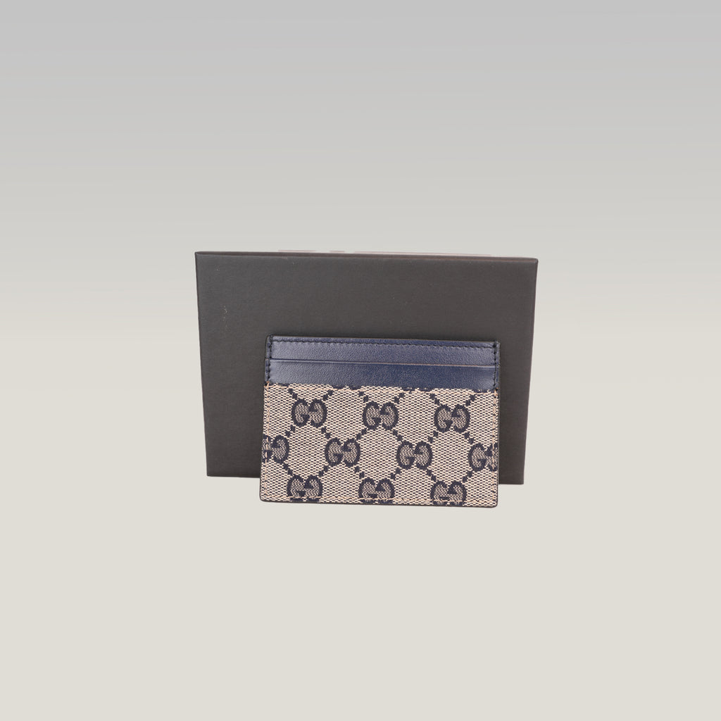 Gucci Portacarte GG Monogram in Tessuto Beige e Blu Navy con Finiture in Pelle Blu